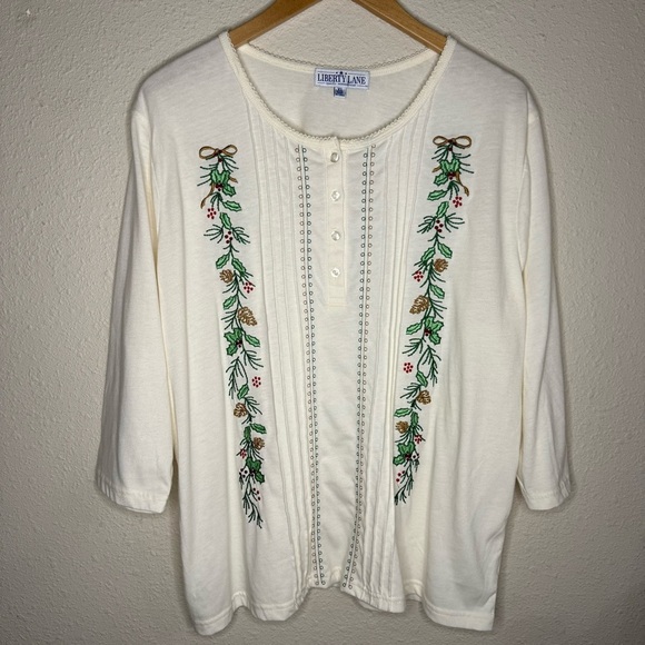 Liberty Lane Henley Top Holly Berries Embroidery 3/4 Sleeve Cream Women’s Sz XL - Picture 3 of 12